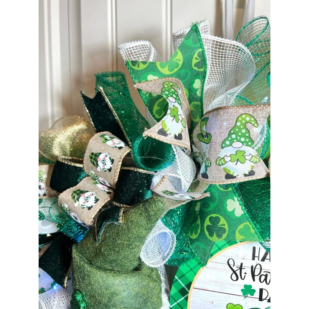 Handmade Happy St. Patrick’s Day Gnome Ribbon Prelit Wreath 22 ins LED W13